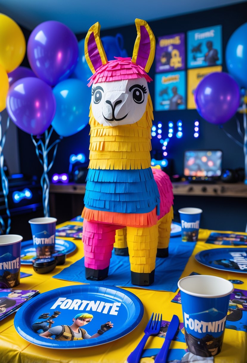 A birthday party scene with a colorful llama piñata and Fortnite-themed decorations including balloons and party supplies.