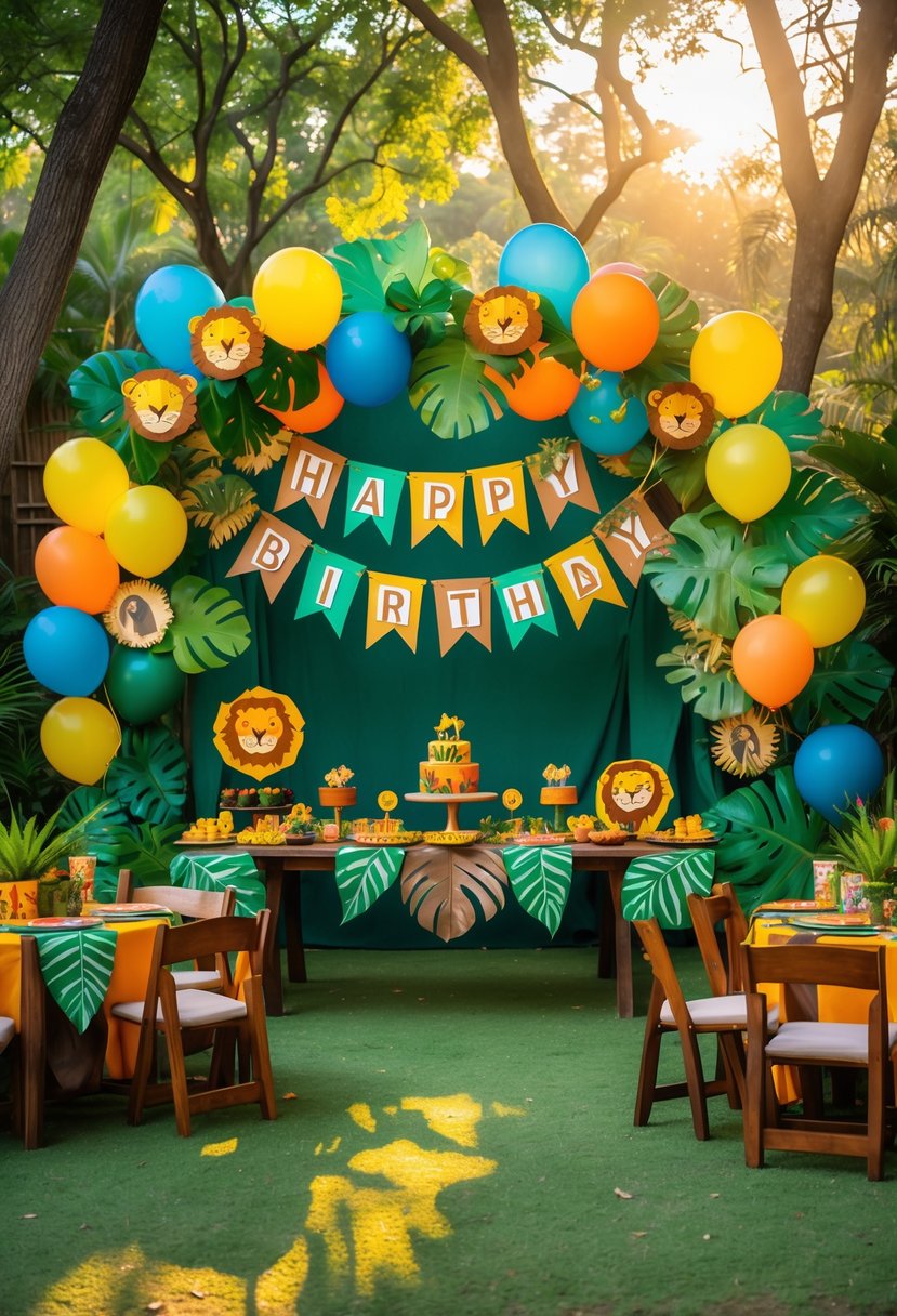 A colorful outdoor birthday party setup with Lion King themed decorations arranged in a circle, including balloons, animal print elements, and jungle foliage.