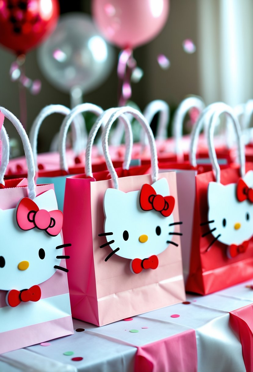 A table with colorful Hello Kitty gift bags decorated with character tags, set up for a birthday party.