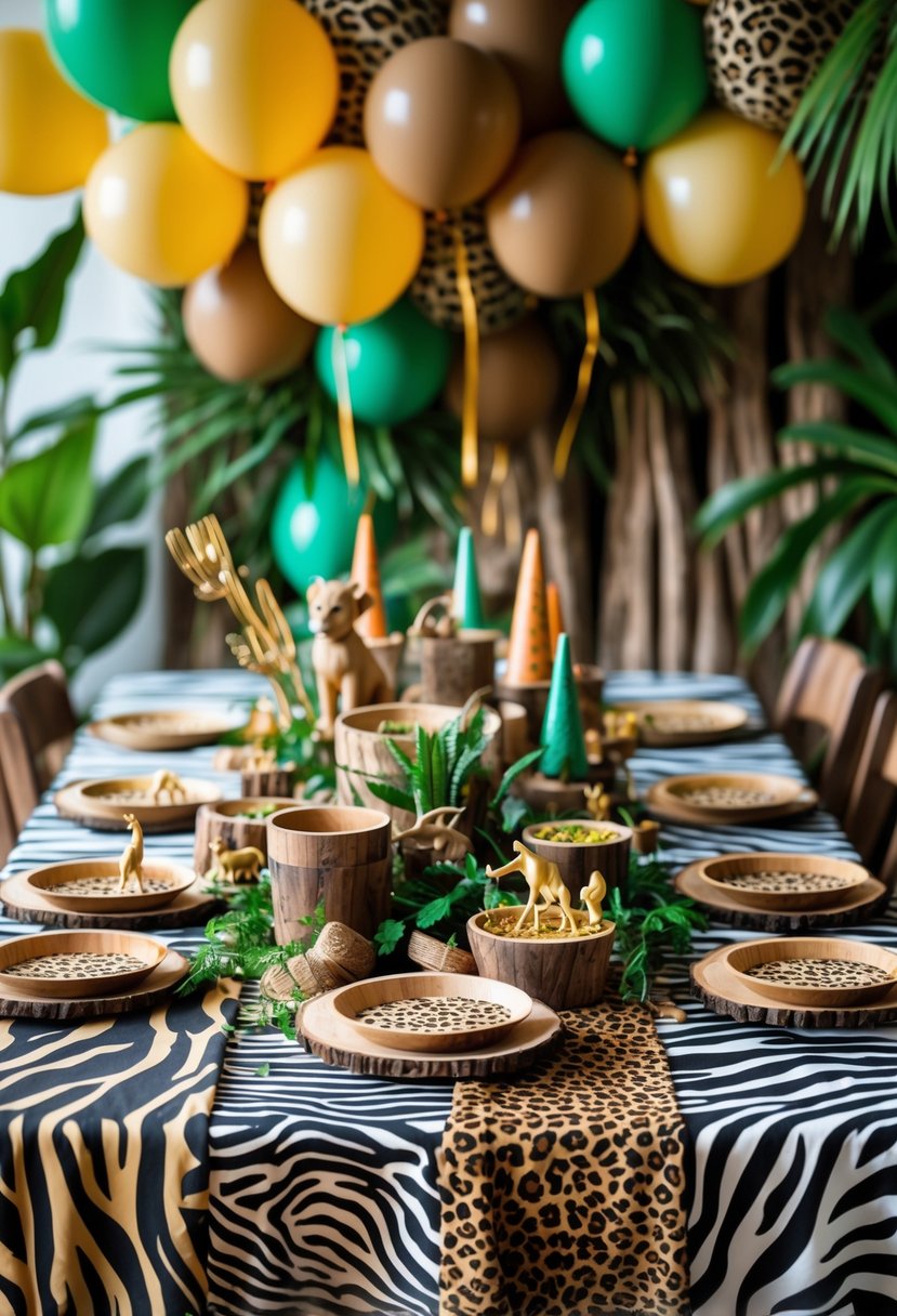 A birthday party table decorated with zebra and leopard print tablecloths, jungle-themed decorations, and colorful balloons.