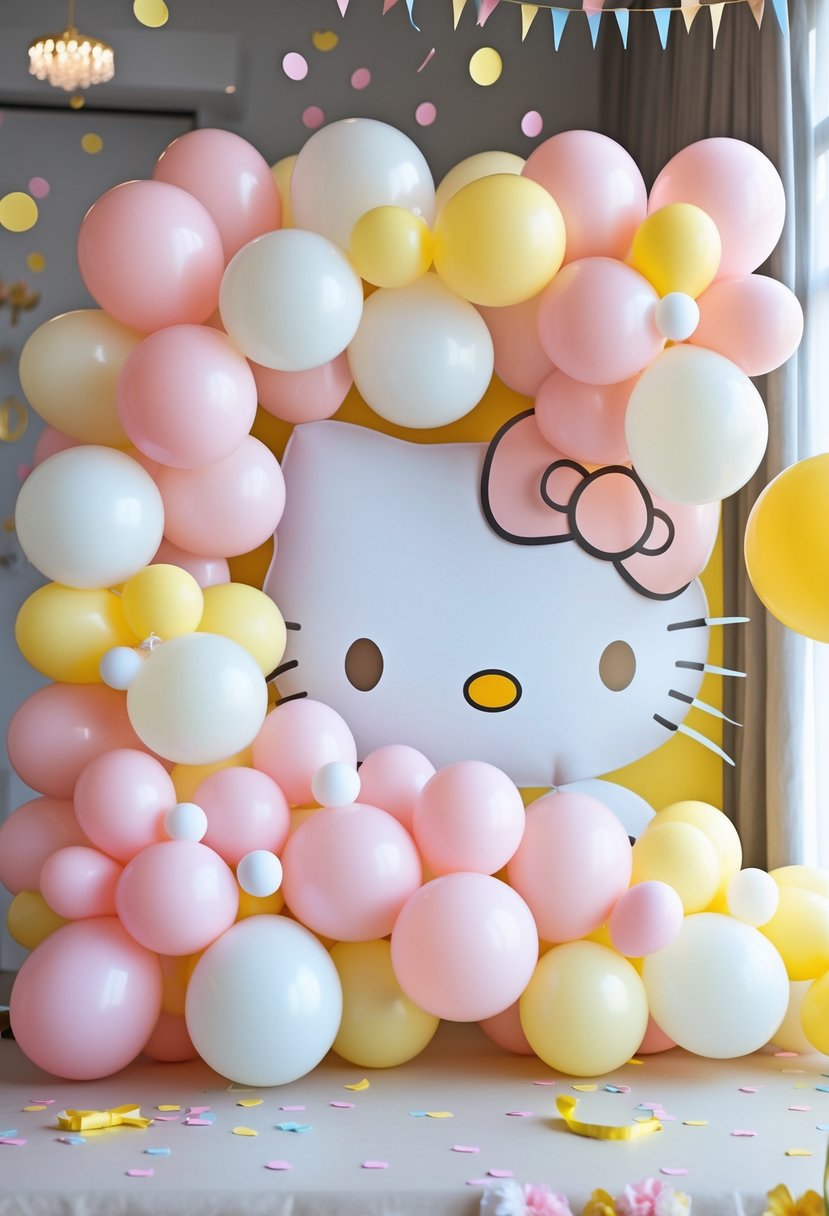 A colorful balloon backdrop decorated with subtle Hello Kitty silhouettes for a birthday party.
