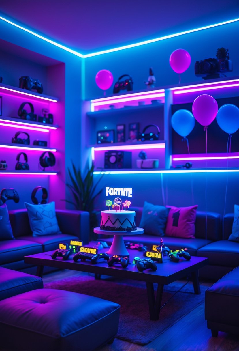 A birthday party setup with colorful neon LED strip lighting and Fortnite-themed decorations including balloons, cake toppers, and gaming accessories.