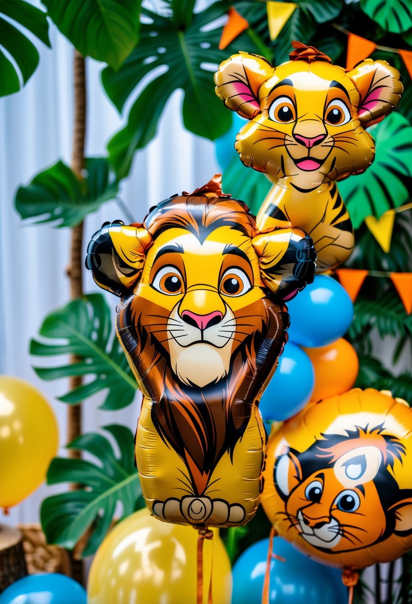 Colorful Lion King character balloons of Timon, Pumbaa, and Rafiki arranged as part of a jungle-themed birthday party decoration.
