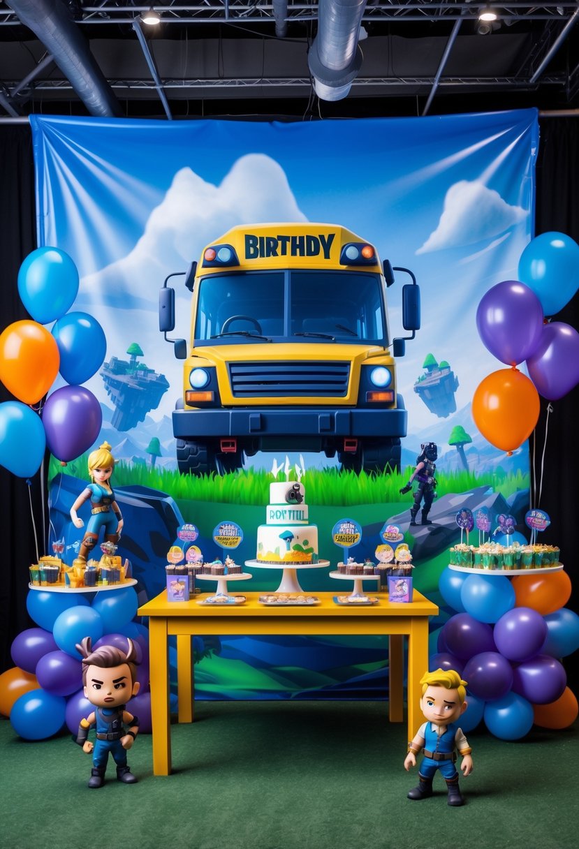 A Fortnite-themed birthday party setup with a large Battle Bus backdrop, colorful balloons, character figurines, and a decorated birthday table.