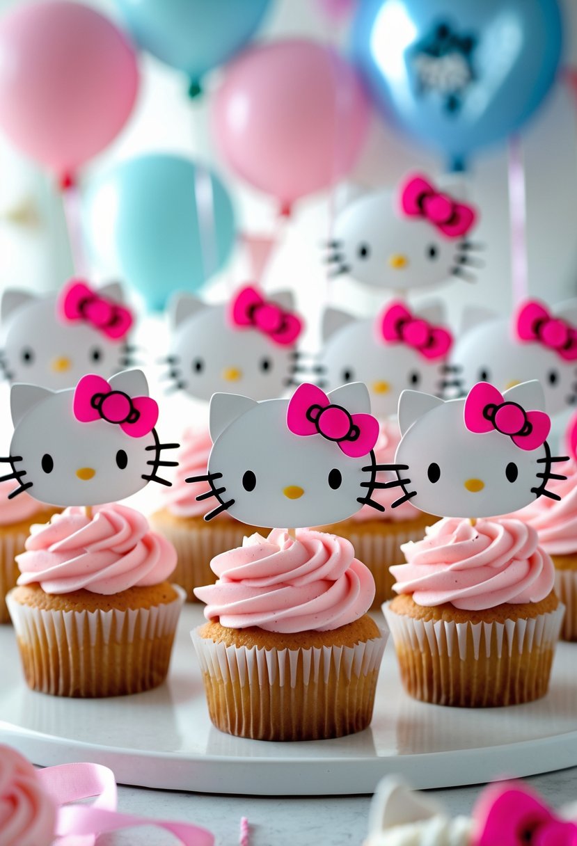 Close-up of cupcakes with pink and white frosting topped with red and pink bow-shaped decorations on a white surface with blurred birthday party decorations in the background.