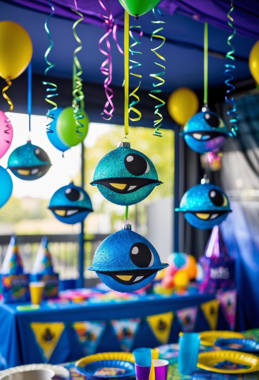 A birthday party setup with colorful Fortnite Storm Eye hanging decorations and themed party supplies on a decorated table.