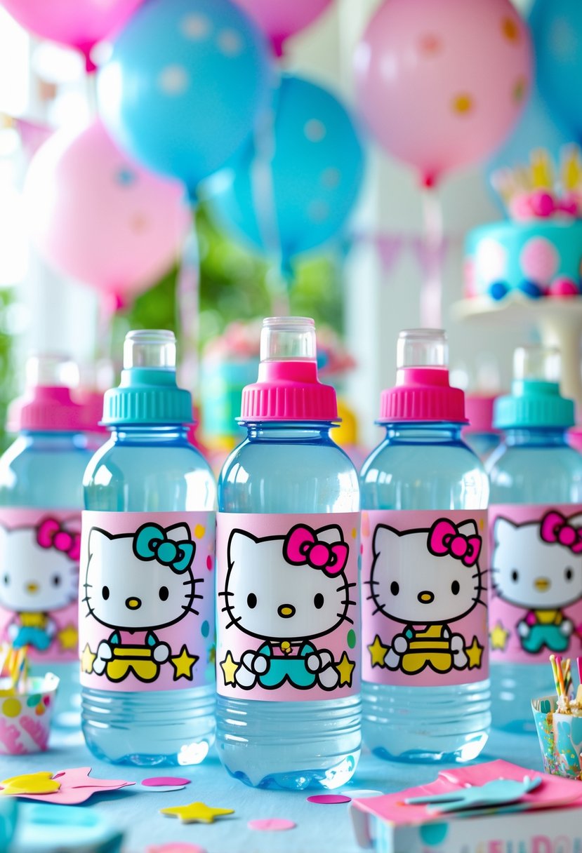 A table with personalized water bottles decorated with Hello Kitty-themed labels surrounded by birthday party decorations.