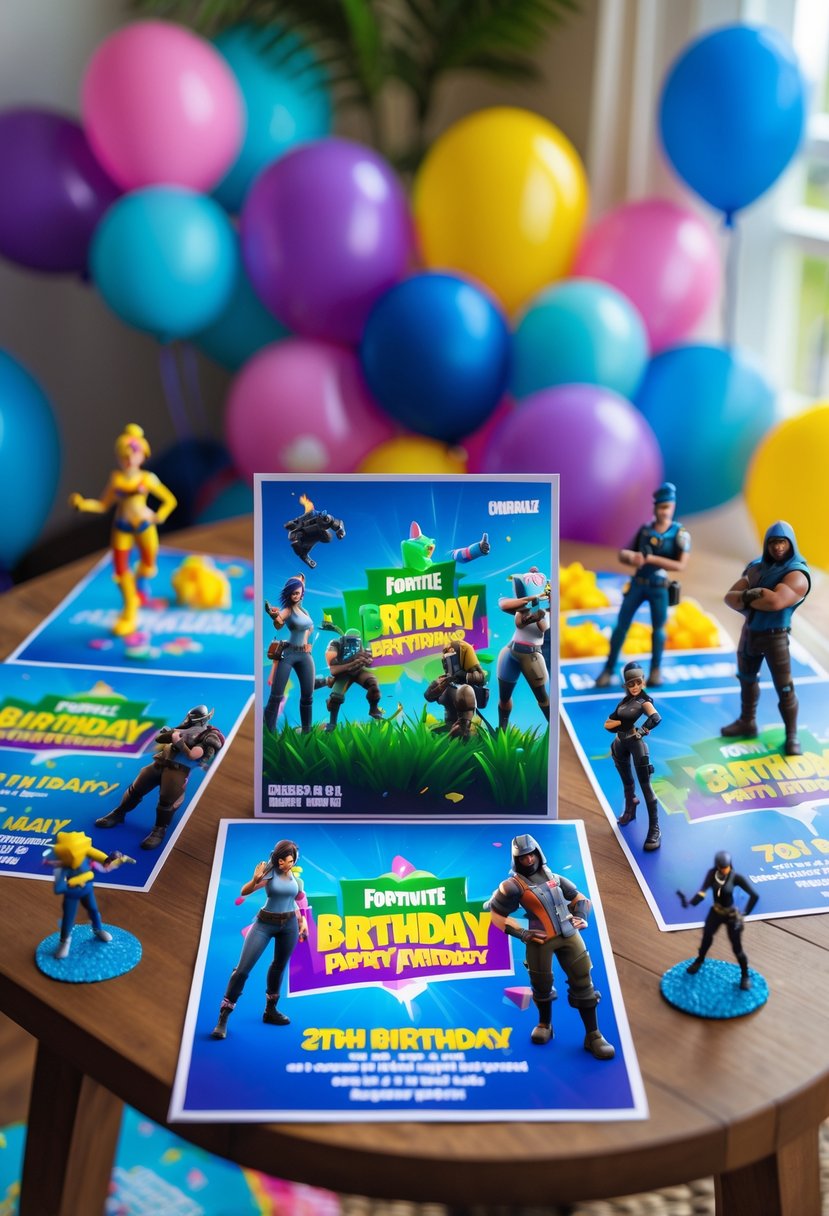 A table with Fortnite-themed birthday party invitations and matching decorations including balloons and figurines.