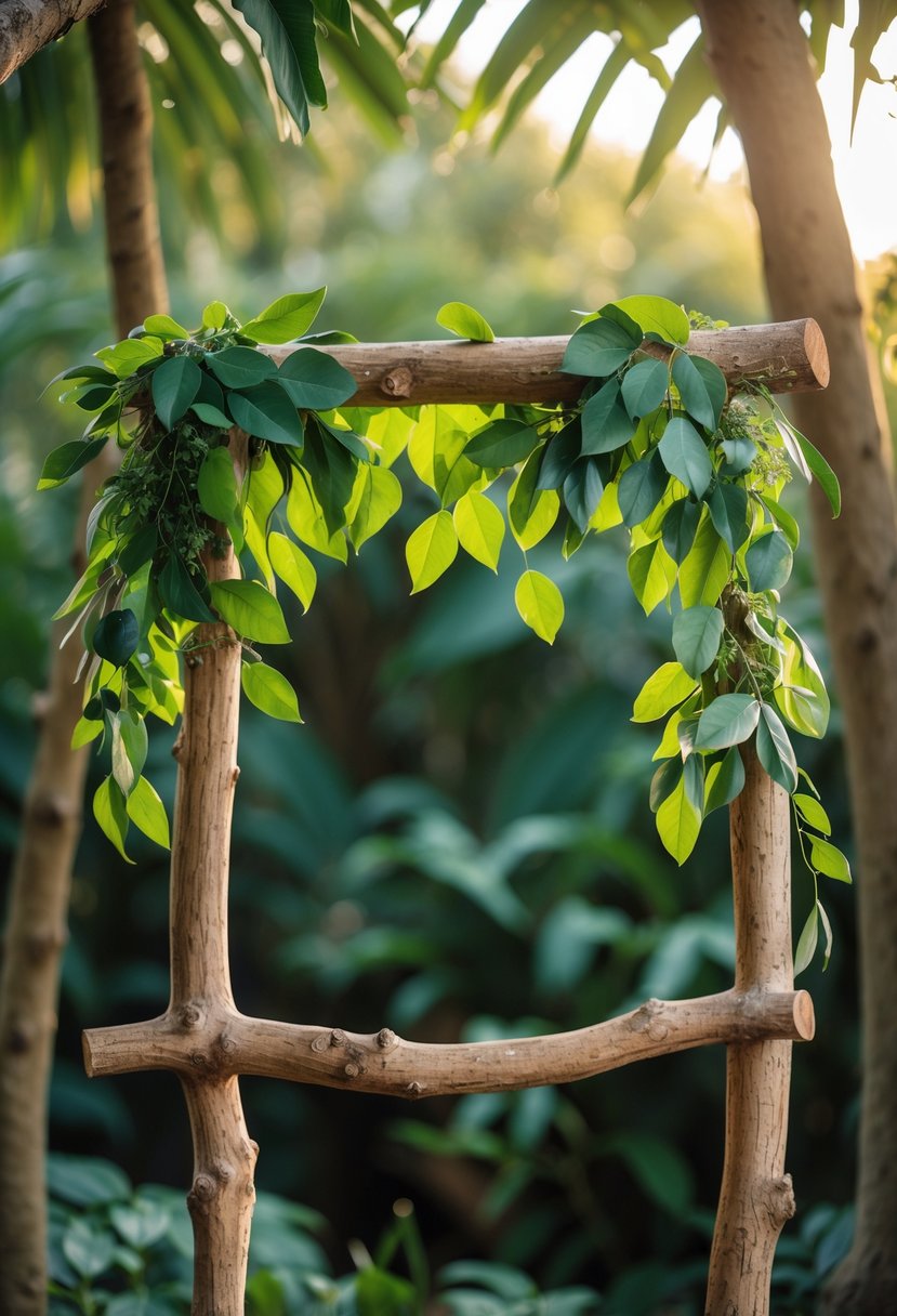 A photo booth frame made from a tree branch with hanging green leaves in a jungle setting.