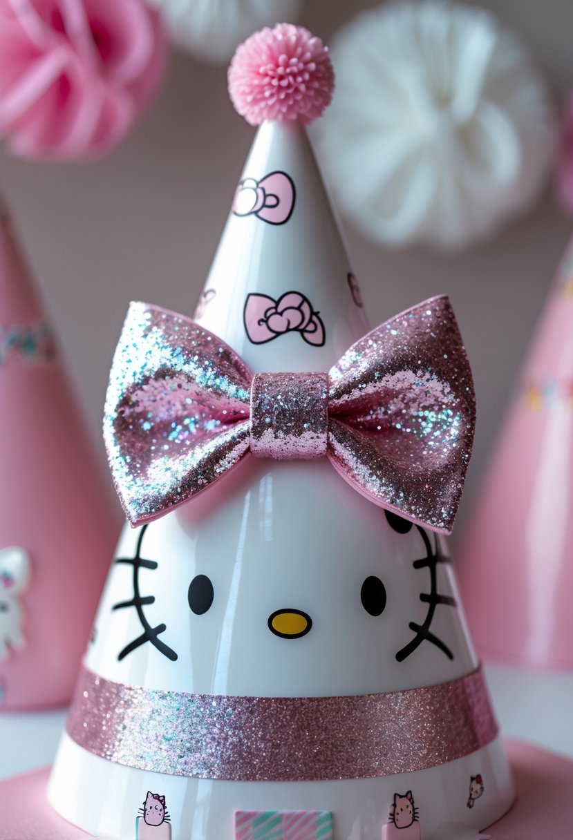 Close-up of a Hello Kitty party hat with a glittery bow on a pastel background.