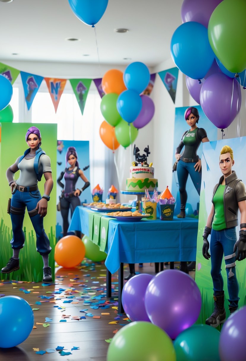 A birthday party setup with Fortnite character standees, colorful balloons, and themed decorations arranged around a decorated table in a festive room.