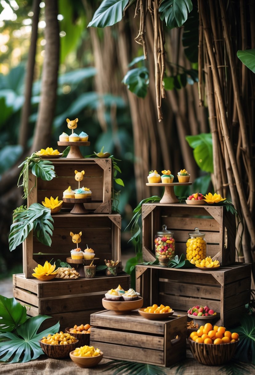 Rustic wooden crates arranged with snacks and decorations for a Lion King themed birthday party with jungle foliage in the background.