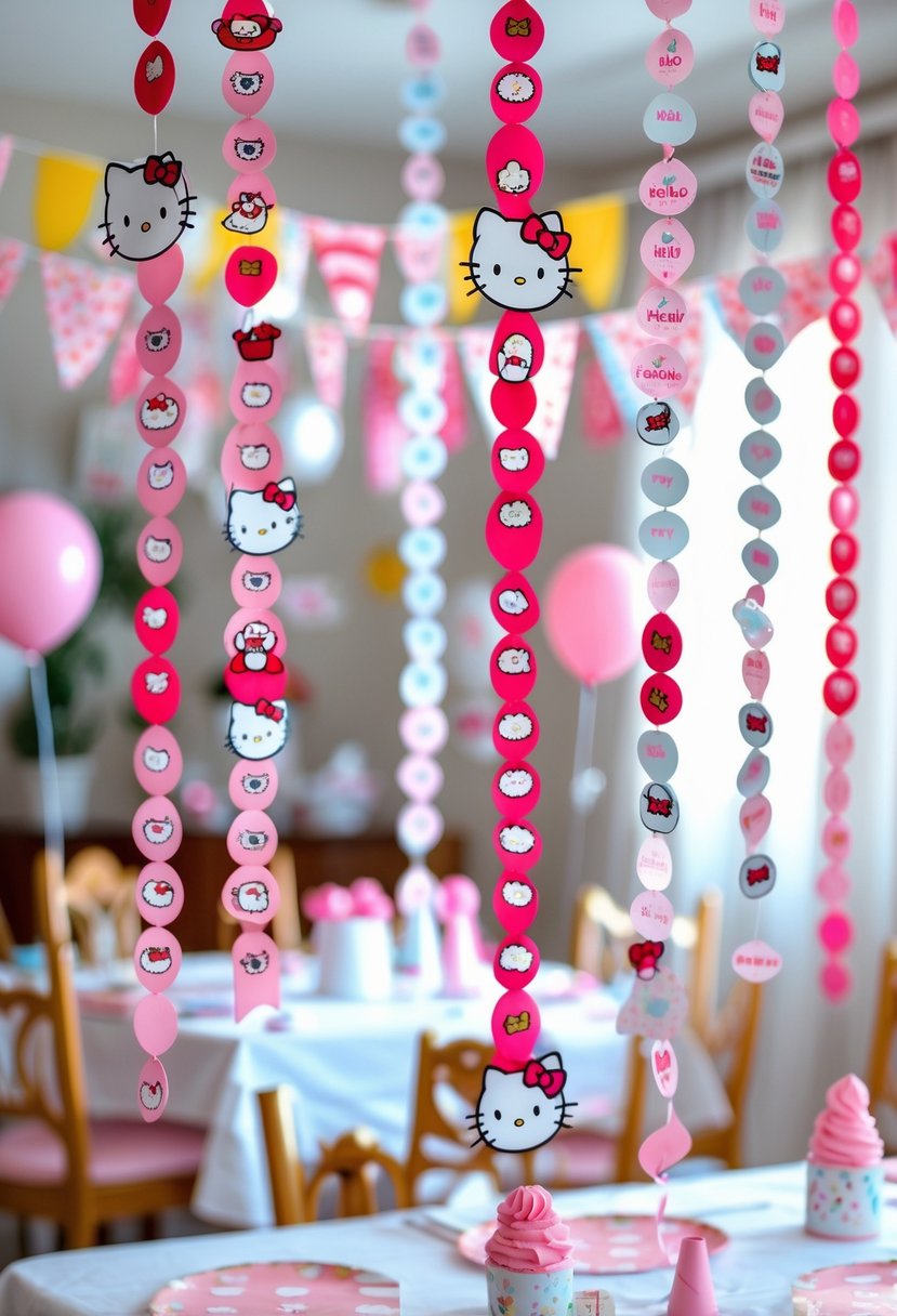 A colorful birthday party scene with Hello Kitty themed hanging streamers and decorations in a softly lit room.