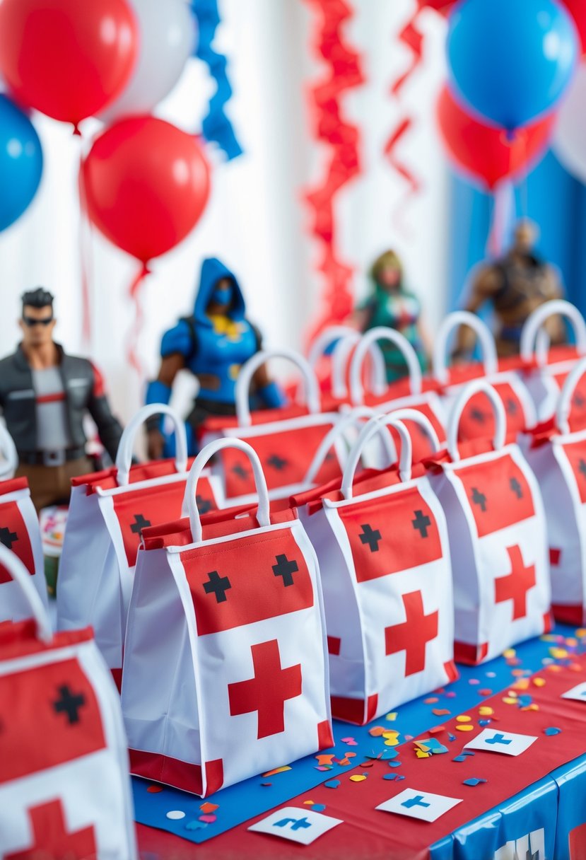 A table with red and white medkit-themed favor bags surrounded by Fortnite gaming decorations and colorful balloons.