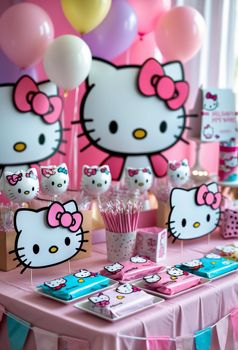 A Hello Kitty-themed face mask station with decorated table, colorful Hello Kitty masks, balloons, and birthday party decorations.