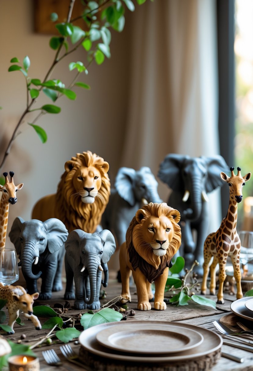 A table decorated with realistic savannah animal figurines including lions, elephants, giraffes, and zebras surrounded by green leaves and natural elements.