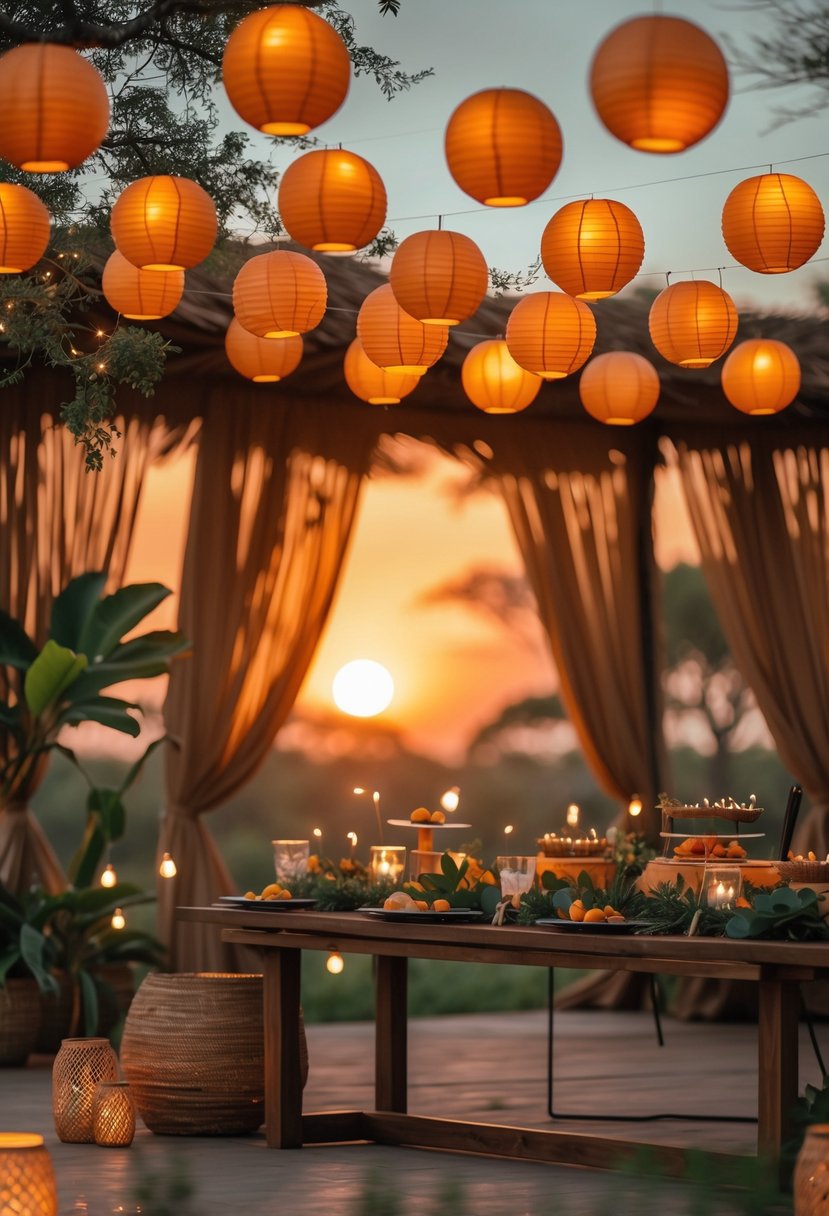 A birthday party scene with gold and orange lanterns glowing warmly, decorated to evoke a wild African sunset atmosphere.