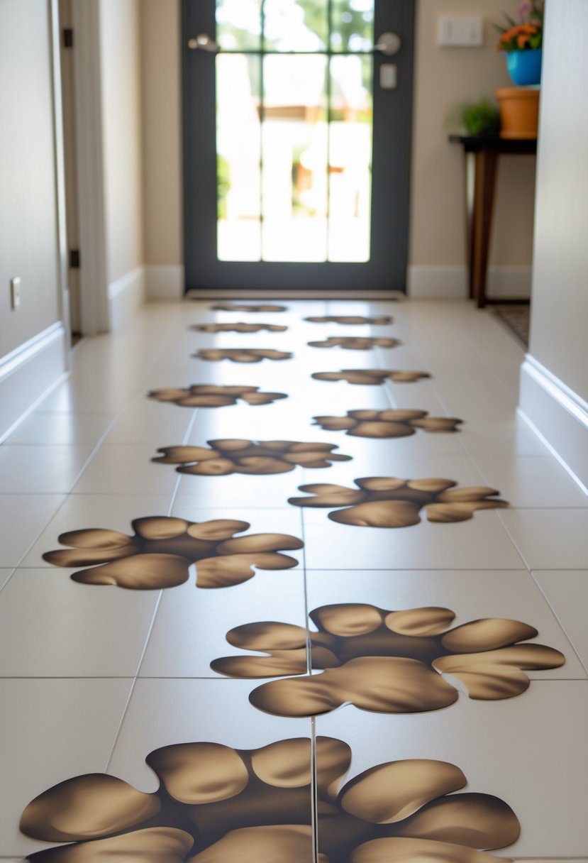 A series of lion paw print floor decals leading toward an entrance in a decorated indoor space.