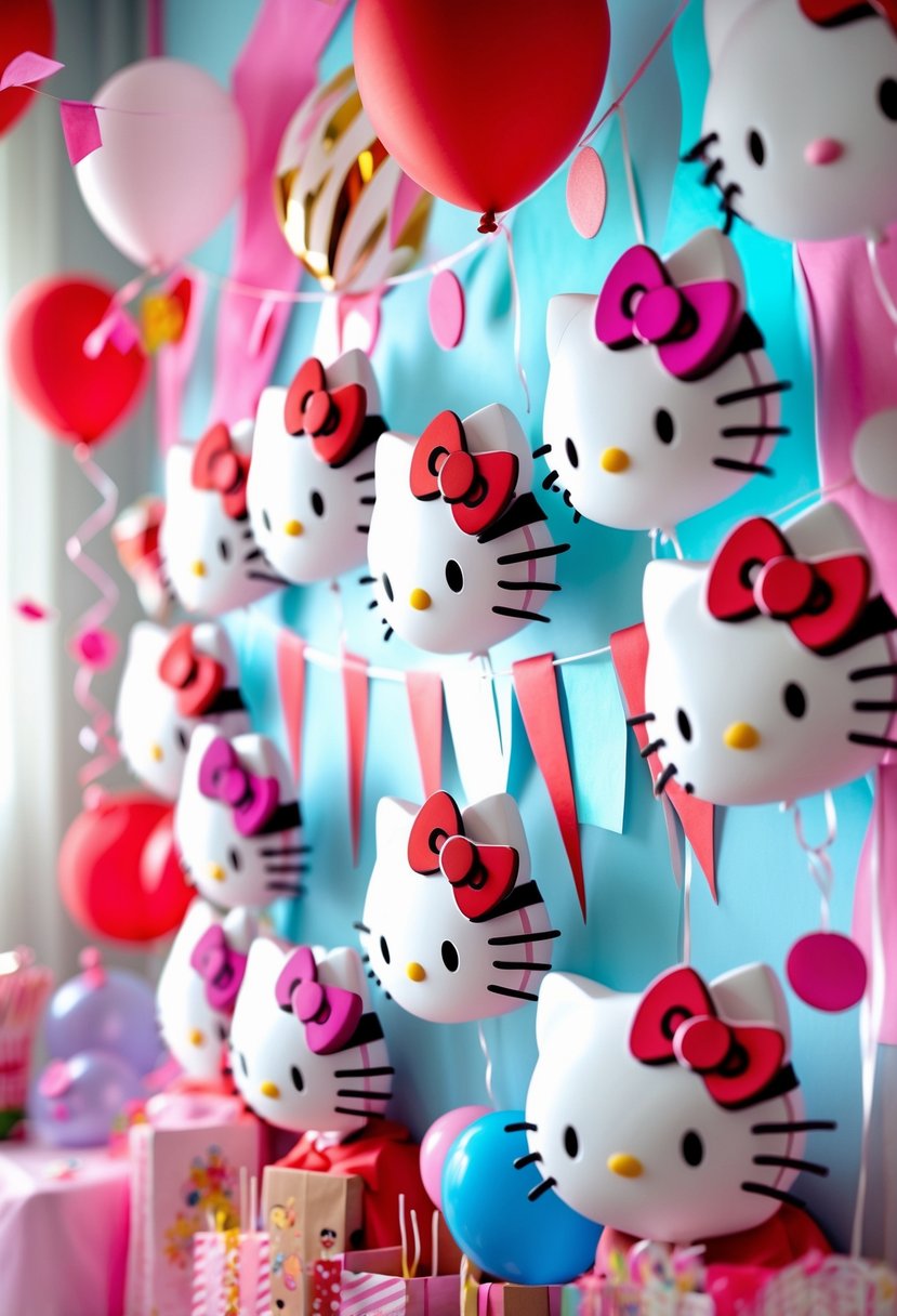 A colorful Hello Kitty banner with multiple character poses, decorated with balloons and streamers for a birthday party.