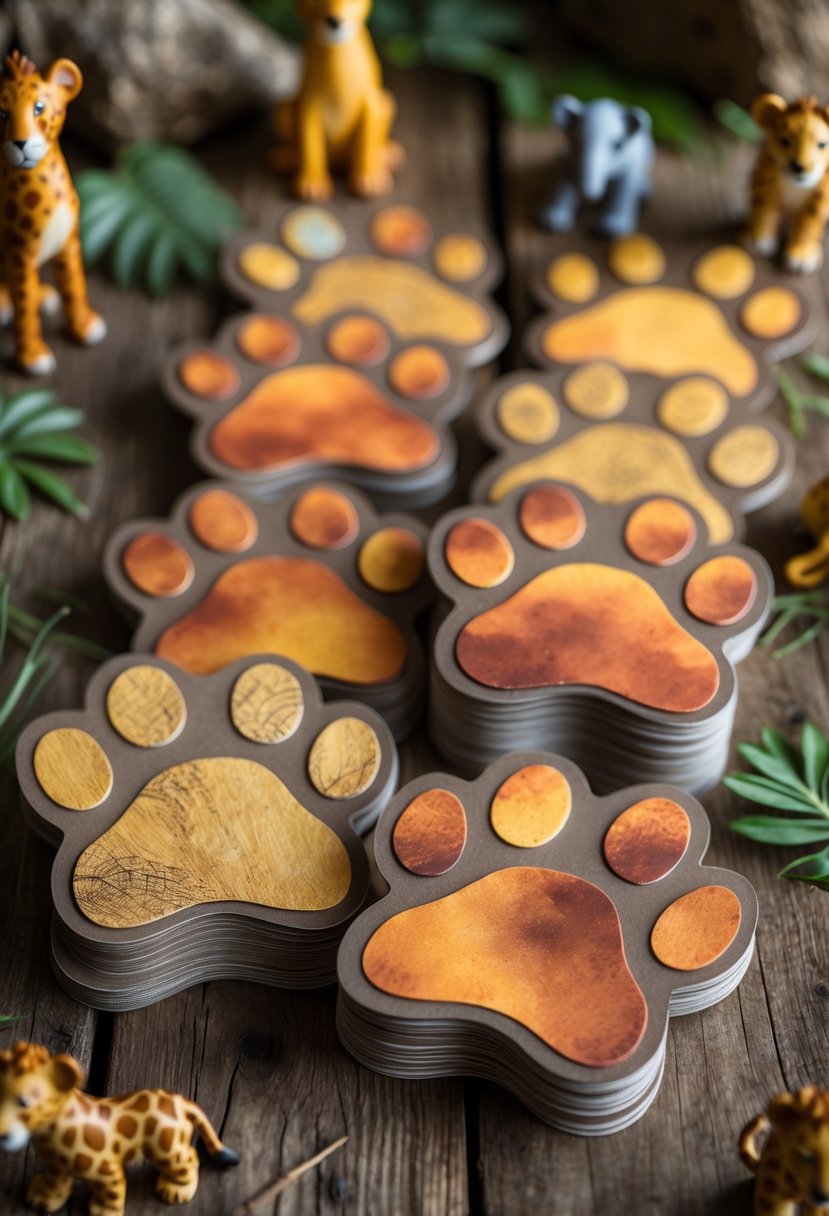 Animal paw print shaped invitation cards on a wooden table surrounded by jungle-themed decorations including leaves and small animal figurines.