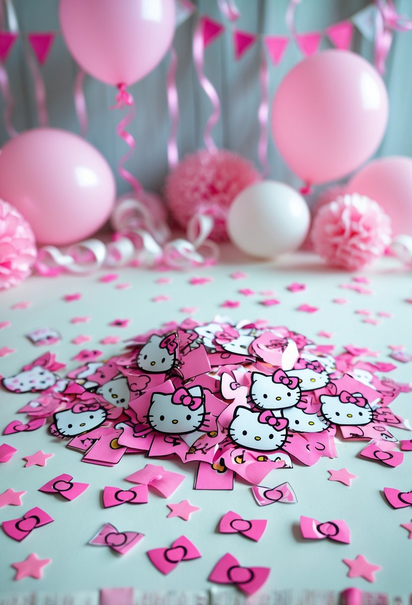A birthday party setup with pink and white Hello Kitty confetti scattered on a surface surrounded by matching party decorations.