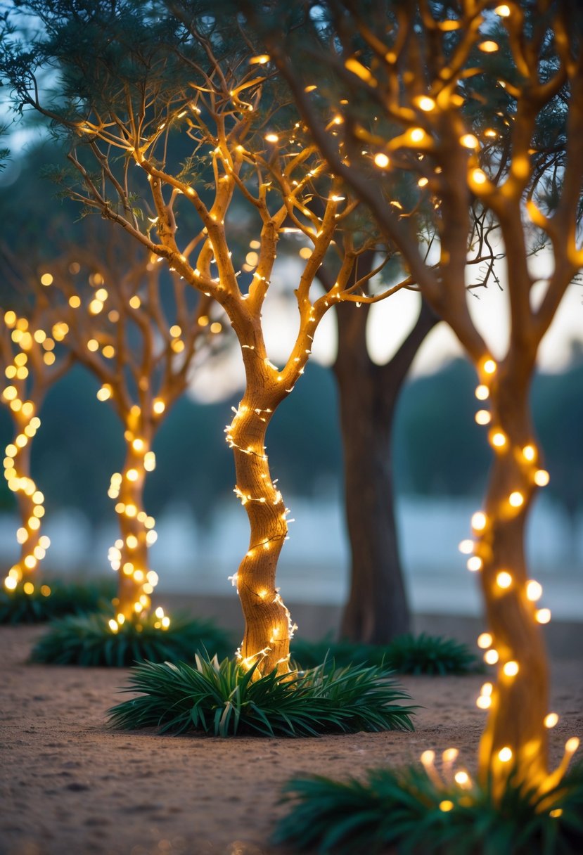 Acacia tree cutouts decorated with glowing fairy lights arranged outdoors for a birthday party.