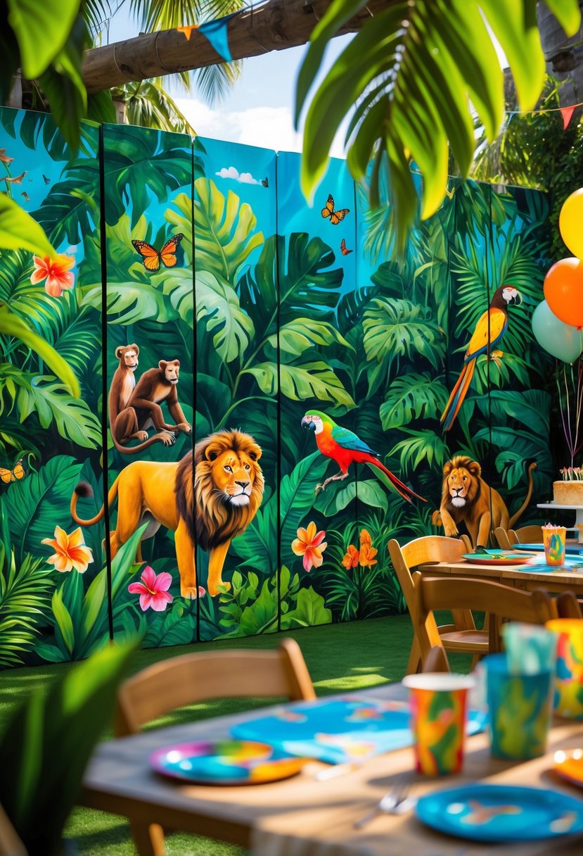 Colorful jungle-themed birthday party decorations with hand-painted murals of tropical plants and animals including lions and birds.