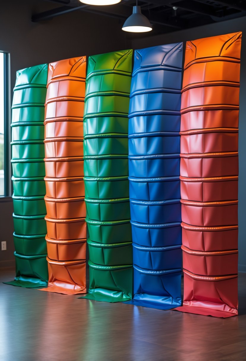 Colorful panels resembling Ninja Turtle shells in green, blue, red, and orange arranged as a backdrop for a children's birthday party.