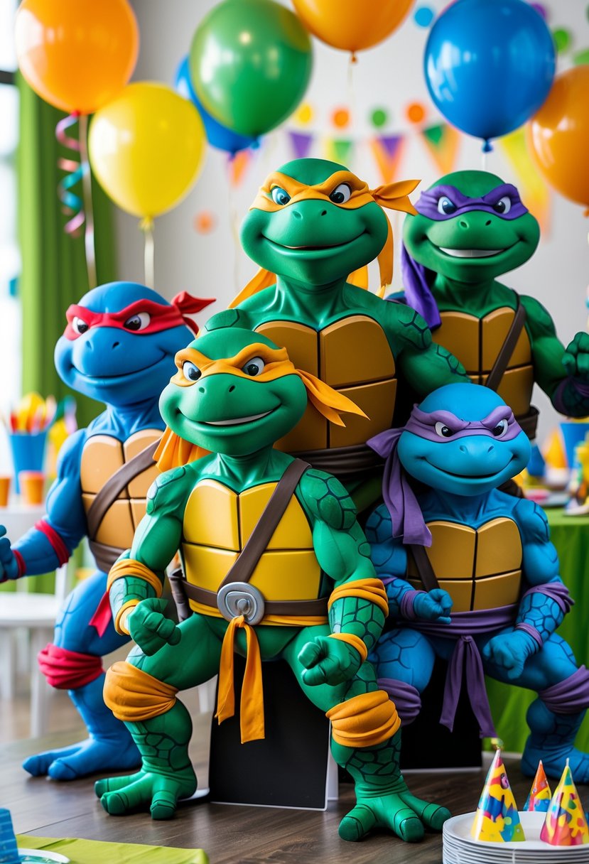 Life-size Teenage Mutant Ninja Turtles standees arranged in a colorful birthday party setting with balloons and decorations for kids.