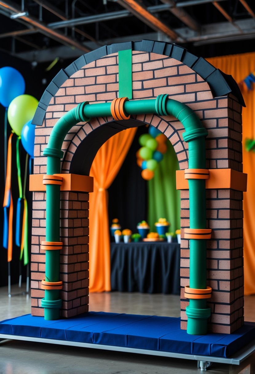 An archway designed to look like a sewer entrance with brick and pipe details, set up as a birthday party decoration.
