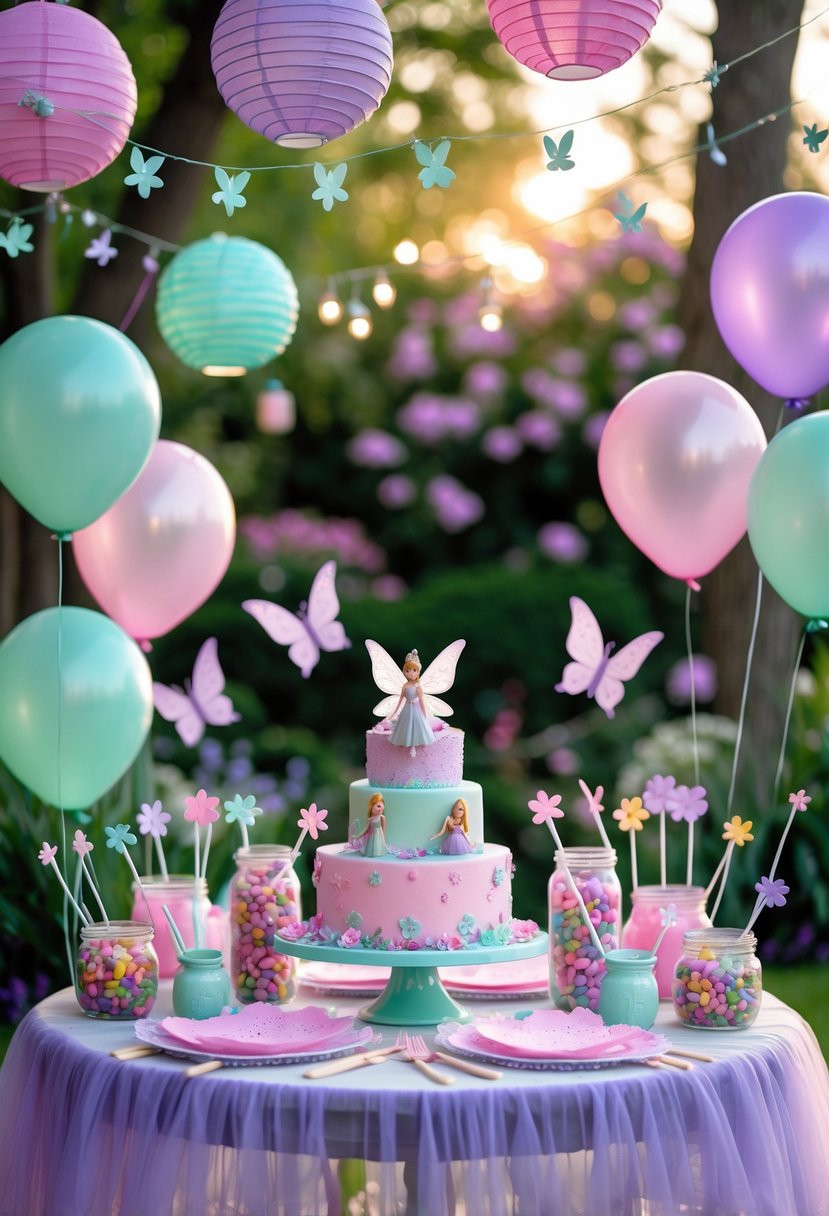 A colorful fairy-themed birthday party setup with balloons, fairy lights, a decorated cake, flower crowns, and candy jars in a garden setting.