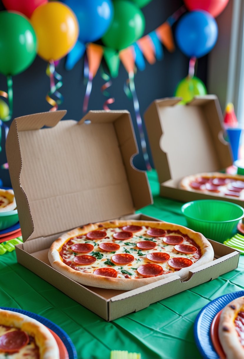 A birthday party table with pizza box centerpieces displaying fake pepperoni and cheese pizzas surrounded by colorful decorations.