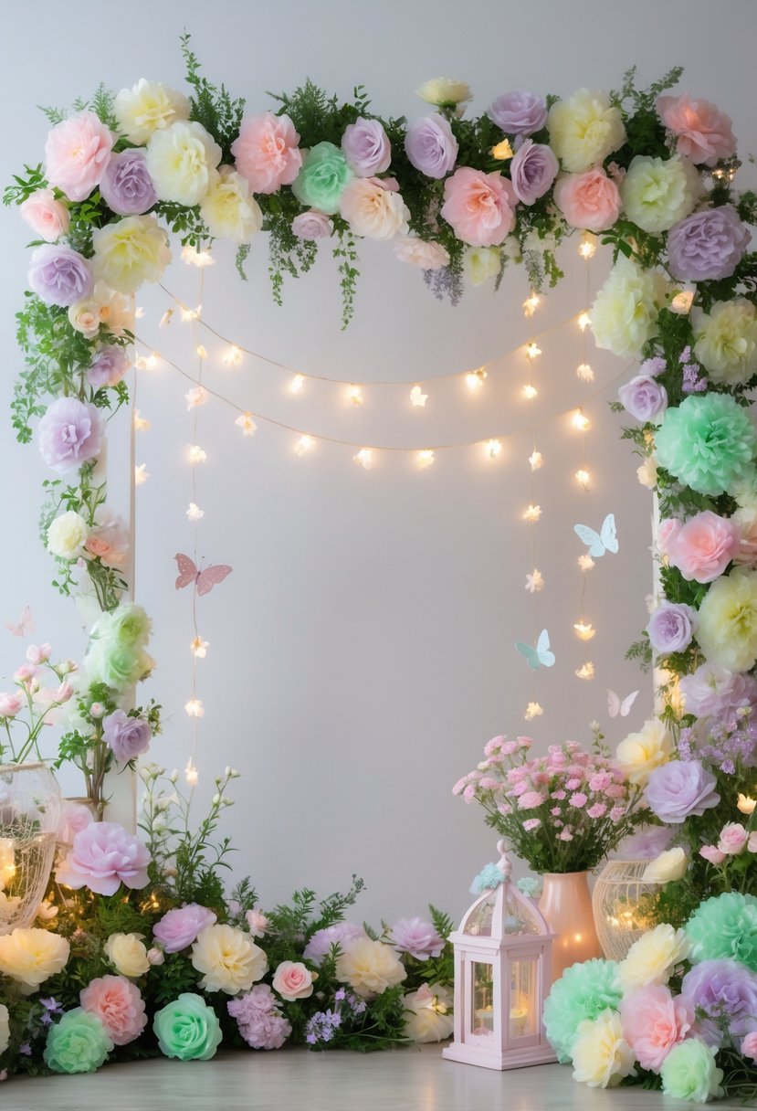 Pastel floral garland backdrop with soft-colored flowers and fairy-themed decorations for a little girl's birthday party.