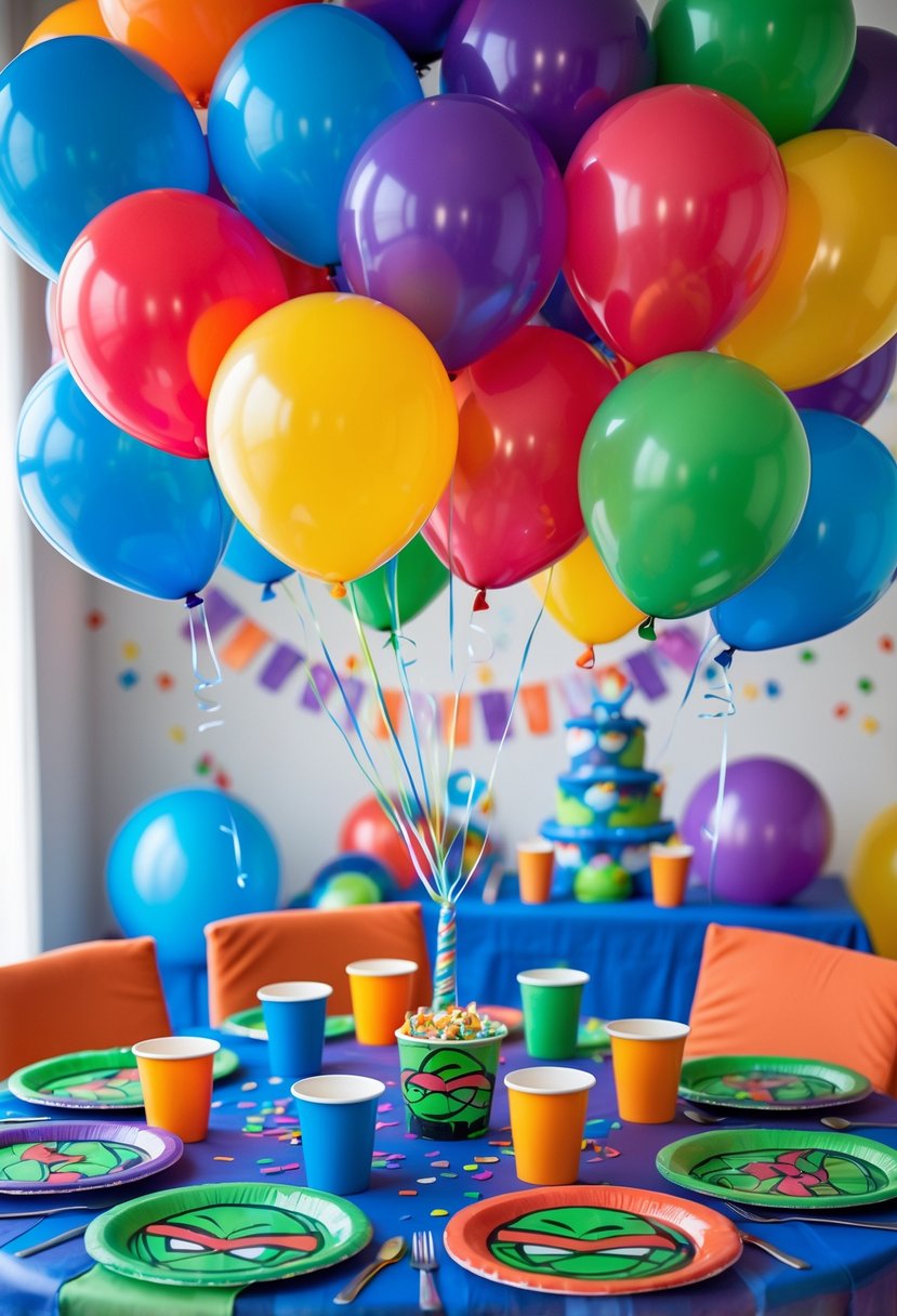 A colorful birthday party scene with clusters of balloons in blue, red, purple, and orange matching the Ninja Turtles’ colors, arranged above a decorated party table with matching party supplies.