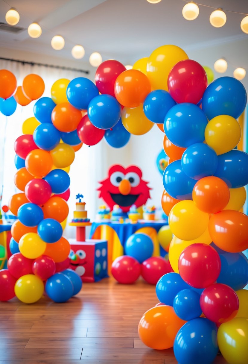 A colorful birthday party setup with vibrant balloon arches inspired by Elmo and Sesame Street decorations for toddlers.