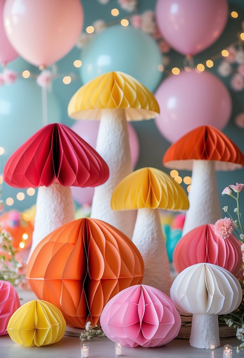 Colorful honeycomb paper mushrooms arranged as birthday party decorations with balloons and fairy lights in the background.