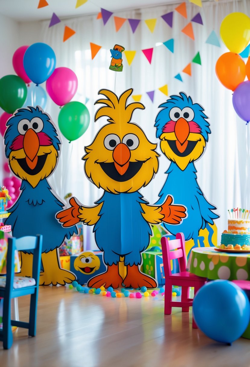 A brightly decorated room with multiple Big Bird cardboard standees and colorful birthday decorations for a toddler's party.