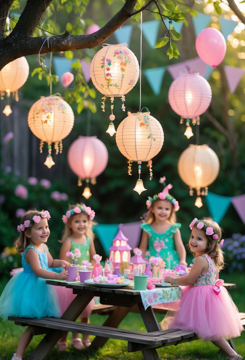 Little girls enjoying a birthday party outdoors with glowing fairy lanterns hanging from trees and colorful decorations around them.