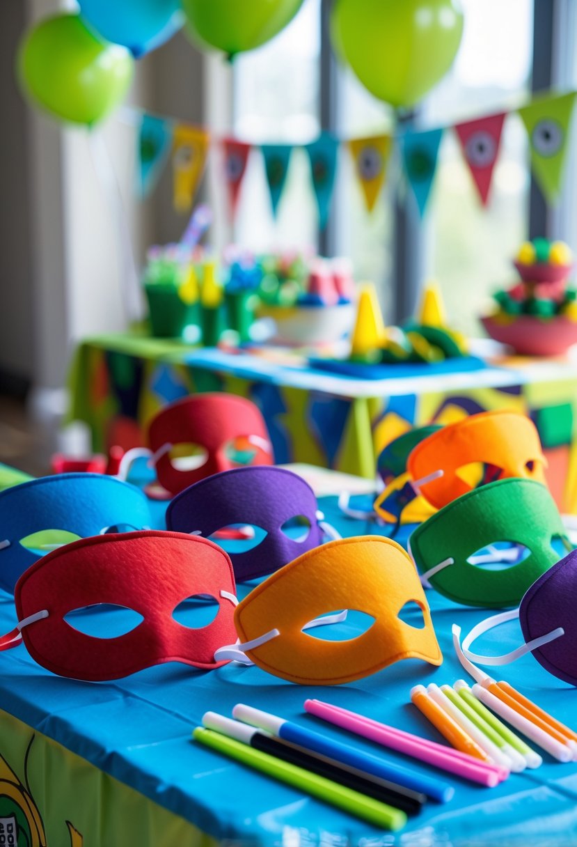A table with colorful felt ninja masks and elastic bands arranged for a children's ninja turtle birthday party, surrounded by crafting supplies and party decorations.