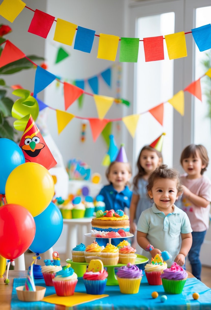 A colorful birthday party setup with crepe paper decorations, balloons, cupcakes, and toddlers playing in the background.