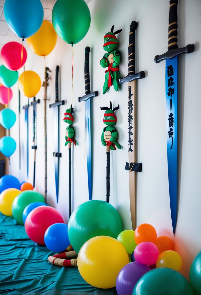 A party room decorated with ninja swords and bo staffs on the walls, colorful balloons, and ninja turtle-themed decorations for a children's birthday celebration.