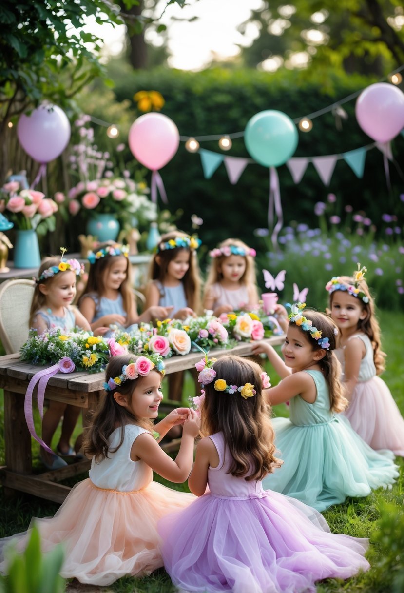 Young girls making and wearing floral crowns at an outdoor birthday party decorated with flowers and fairy-themed items.