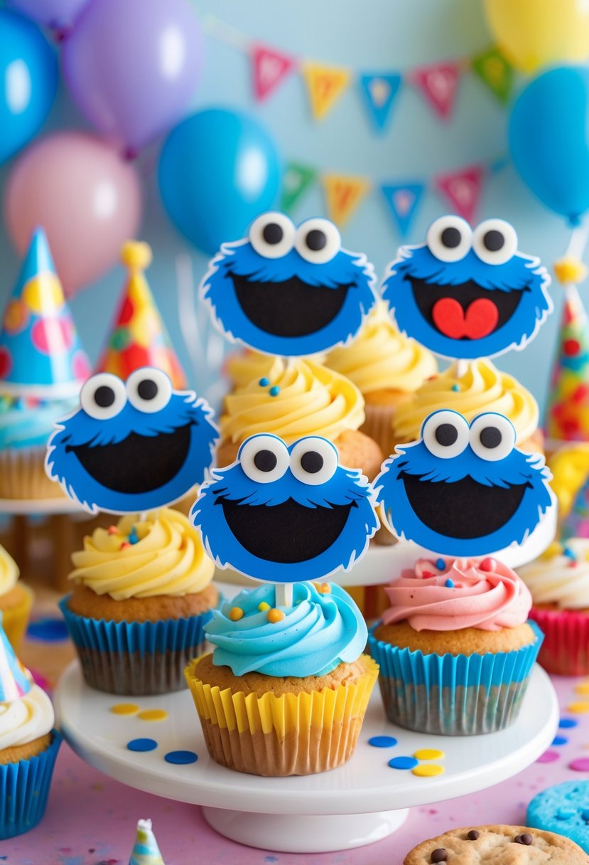 Cupcakes decorated with Cookie Monster toppers on a table set for a toddler's Sesame Street birthday party with colorful decorations.