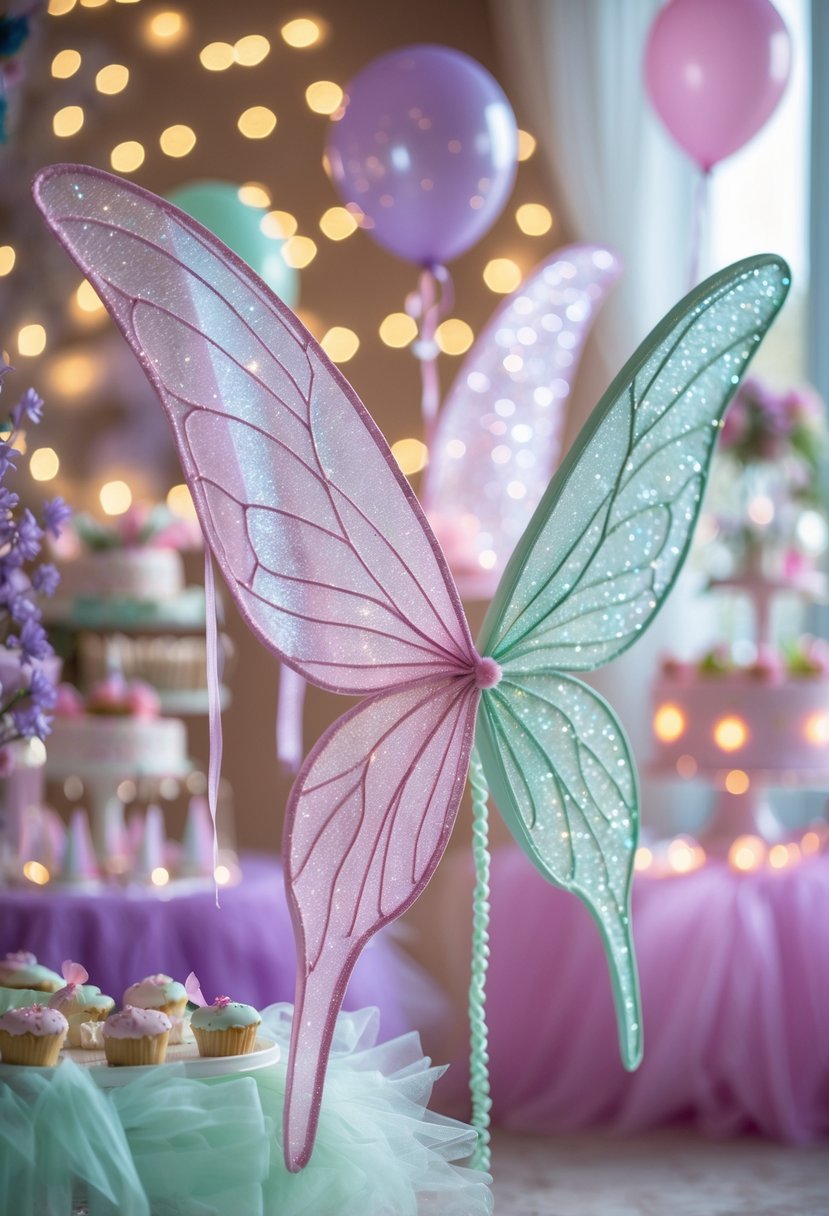 Colorful glittery fairy wings and whimsical decorations arranged for a little girl's magical birthday party.