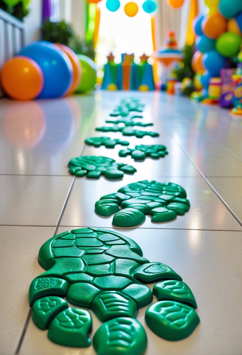 Colorful turtle footprint floor stickers leading to a decorated children's birthday party area with balloons and festive decorations.