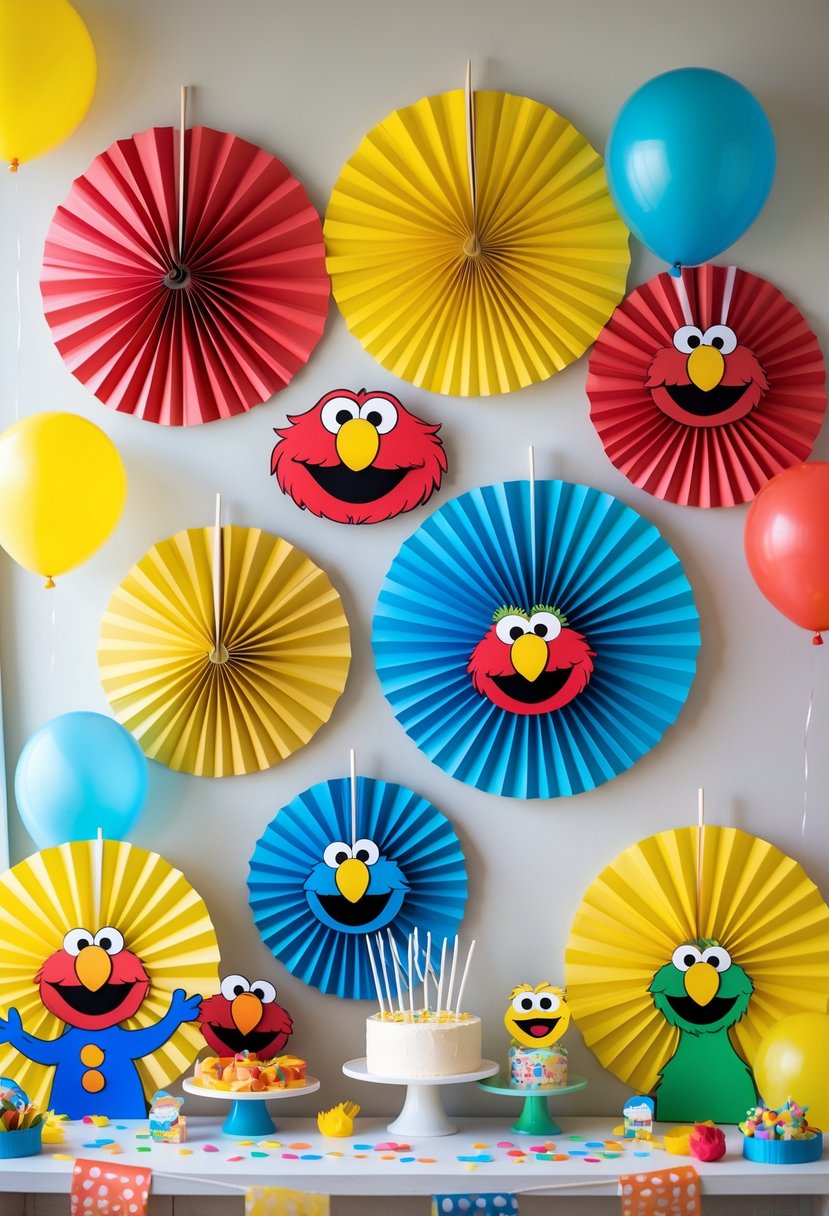 Colorful Sesame Street-themed paper fans hanging as decorations at a toddler's birthday party with balloons and festive elements.
