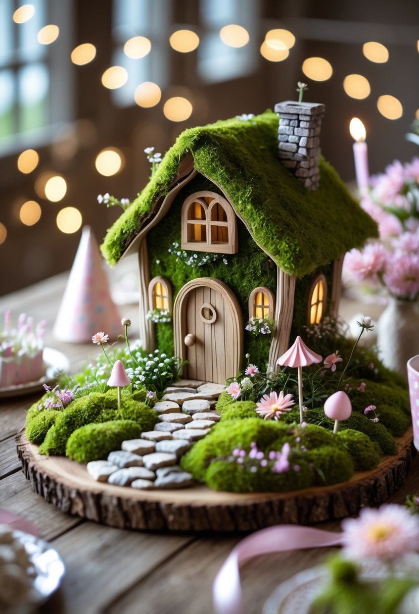 A moss-covered miniature fairy house centerpiece surrounded by small flowers and fairy-themed decorations on a wooden table.