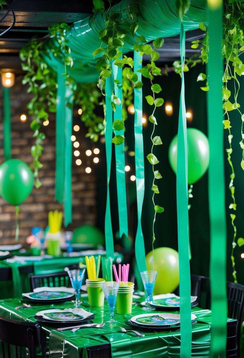 A birthday party decorated with green streamers and hanging vines creating a sewer-like atmosphere.