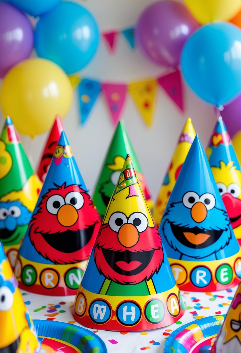 Colorful Sesame Street-themed party hats and birthday decorations arranged on a table for a toddler's party.