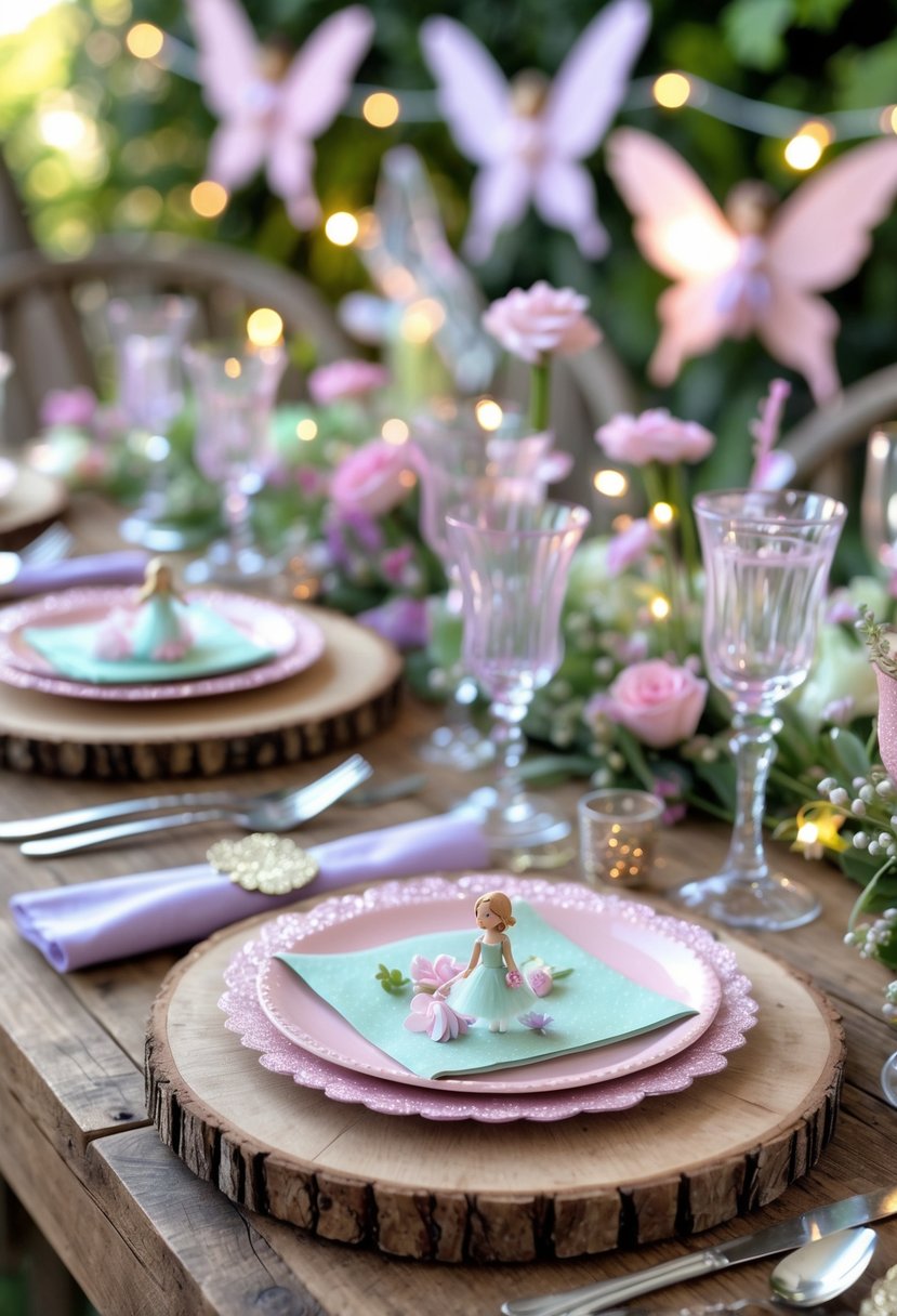 A birthday party table set with wood slice place settings, fairy decorations, pastel colors, and delicate floral accents.